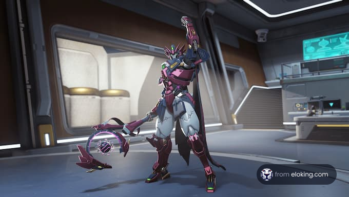 A cybernetic warrior character from a popular video game standing in a futuristic environment.