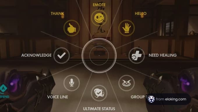 Overwatch character emote wheel with various actions