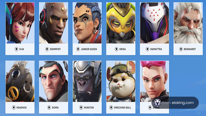 Collage of Overwatch game characters, including D.Va, Doomfist, and others