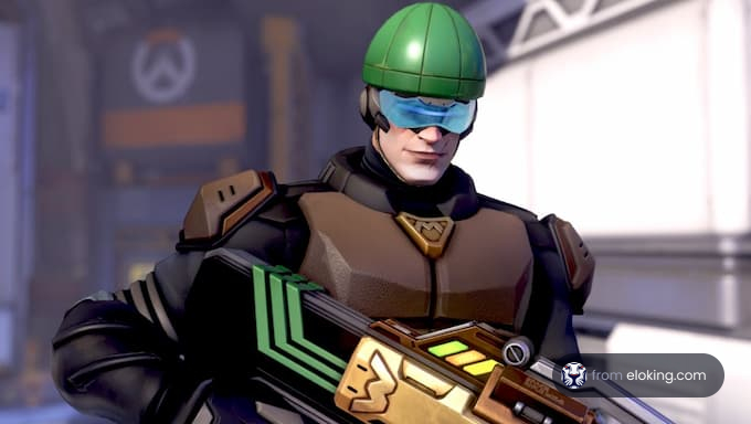 A character from Overwatch dressed as a gunner ready for action.