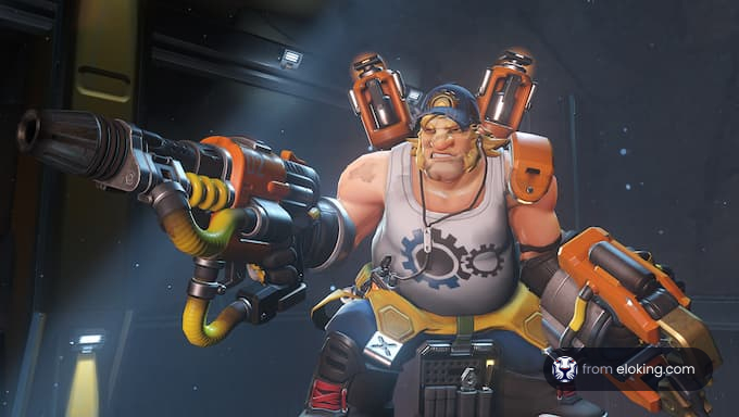 A strong character holding a futuristic gun in a sci-fi setting.