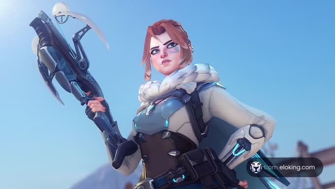 A fierce female character from a popular video game holding a weapon.