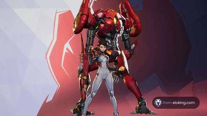 Dynamiczna ilustracja postaci i mecha z popularnej gry wideo.