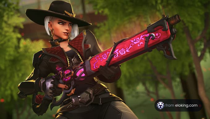 A female character in a black outfit holding a pink gun in a forest