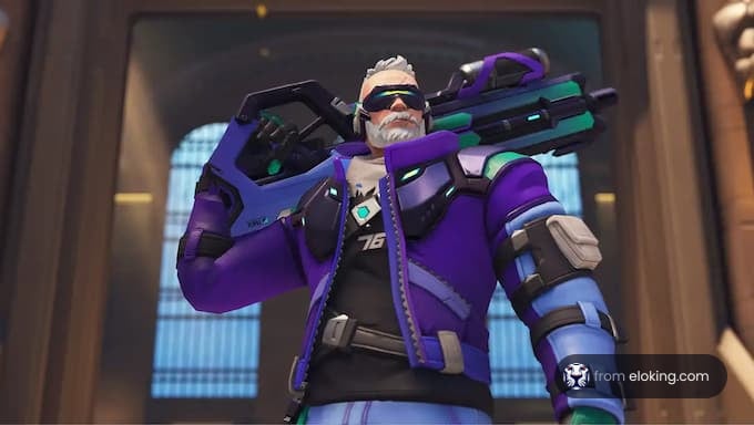 A character from Overwatch in a purple outfit with a futuristic weapon.
