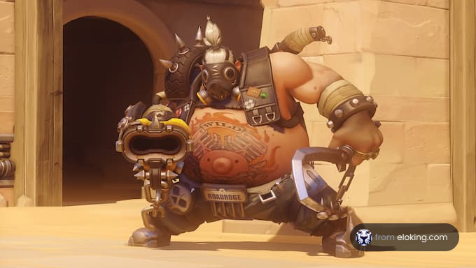Animated character Roadhog from Overwatch video game walking in a desert-themed setting