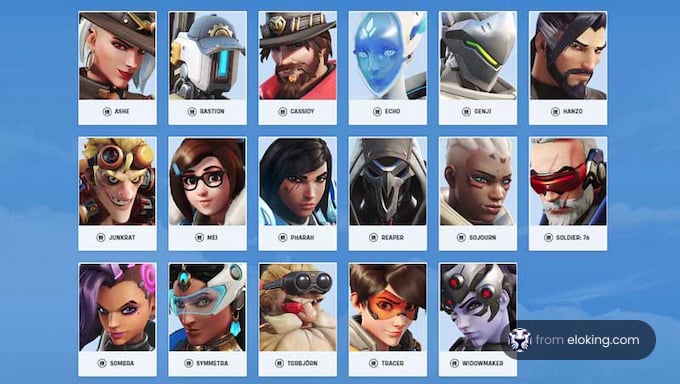Lineup of Overwatch video game characters with names