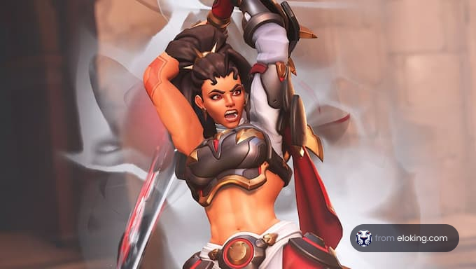 An Overwatch character wielding a sword in an action pose.