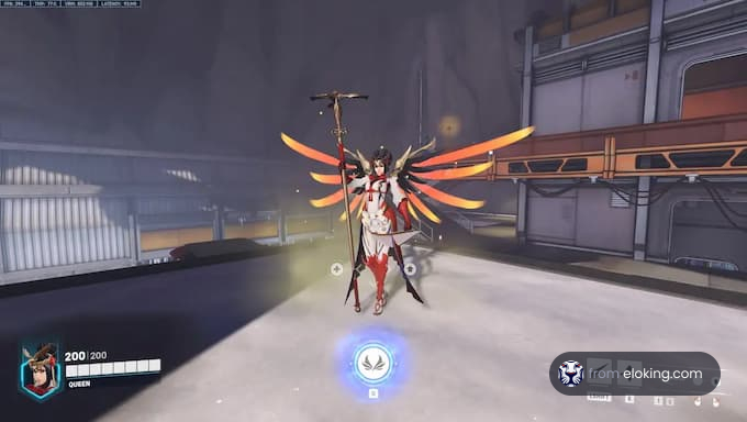 Character with mechanical wings in a dynamic action pose inside a game environment