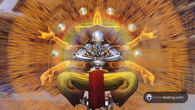 Zenyatta transcending with multiple hands and a radiant aura