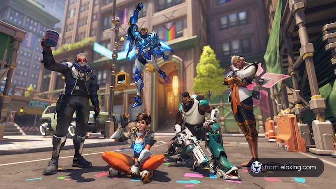 A fun group photo of Overwatch characters in a vibrant setting.