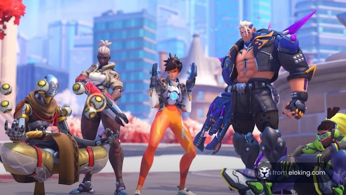 A group of Overwatch characters standing together in a vibrant setting.