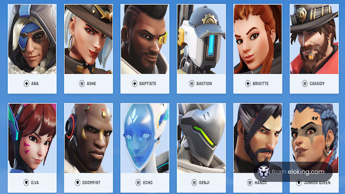 A grid of character portraits from the Overwatch game, including Ana, Ashe, Baptiste, Bastion, Brigitte, Cassidy, D.Va, Doomfist, Echo, Genji, Hanzo, and Junker Queen
