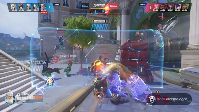 A thrilling overtime battle in Overwatch with heroes contesting the objective.