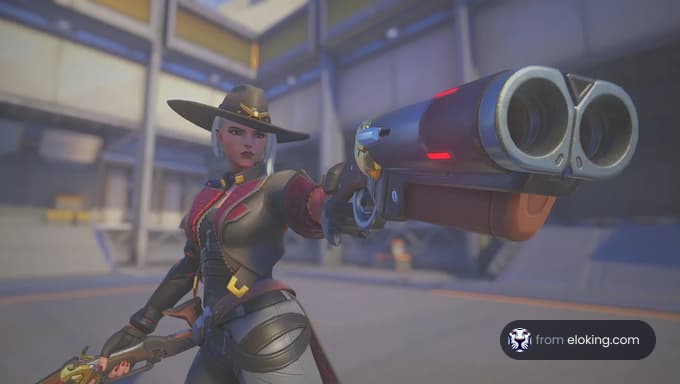A confident cowgirl character aiming a futuristic gun.