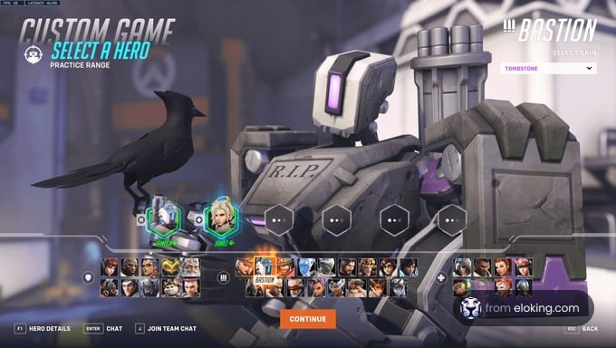 Overwatch game screenshot featuring custom game hero selection with Bastion character and a raven