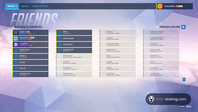 Screenshot of Overwatch game showing the friends list interface