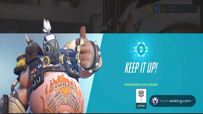 Overwatch game character giving a thumbs up with endorsement level reward displayed