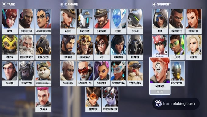 Selection screen of Overwatch game showing various characters categorized into Tank, Damage, and Support roles