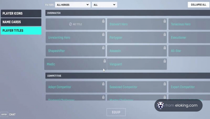 Screenshot of Overwatch game interface showing player titles and options