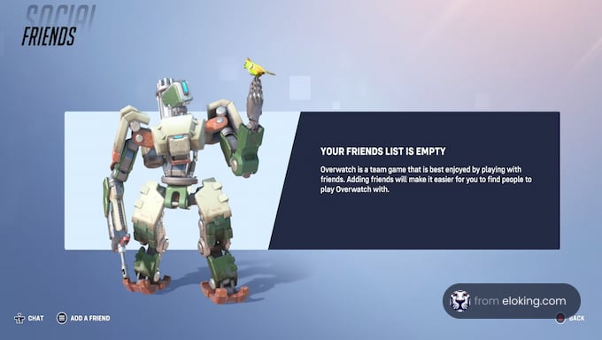 Overwatch game screen showing a robot character with a bird on its shoulder and an empty friends list message