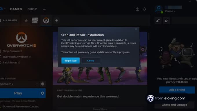 Overwatch game screen showing a Scan and Repair Installation dialog