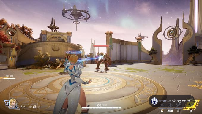 A character is casting a spell in a fantasy battle setting.