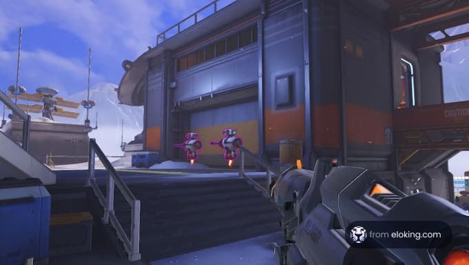 A captivating snowy environment from a popular game with robots and a futuristic setting.
