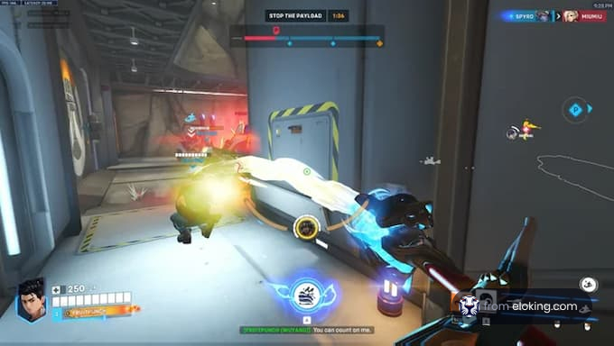 Action-packed Overwatch gameplay scene with characters and abilities in use.