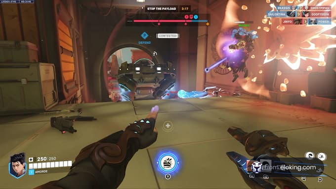 A thrilling gameplay scene from Overwatch, showcasing intense action in a competitive match.