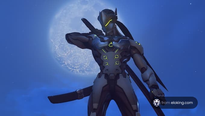 Genji from Overwatch standing under the moonlight