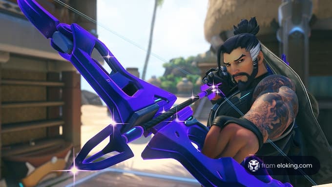 Hanzo from Overwatch aiming his bow with a focused expression.