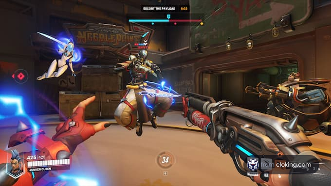 Overwatch heroes engaged in battle action