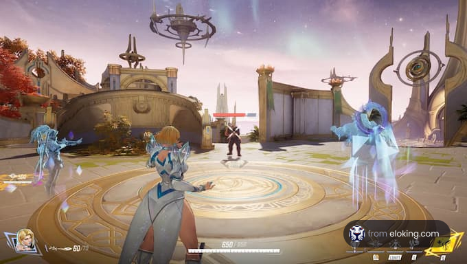 An intense battle scene in a futuristic game setting featuring heroes.