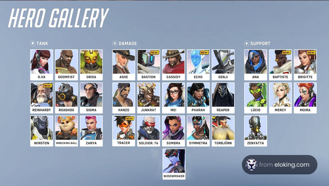 Hero Gallery screen showing a selection of Overwatch characters categorized by Tank, Damage, and Support roles