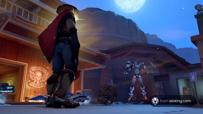 An epic confrontation between two Overwatch heroes in a vibrant setting.