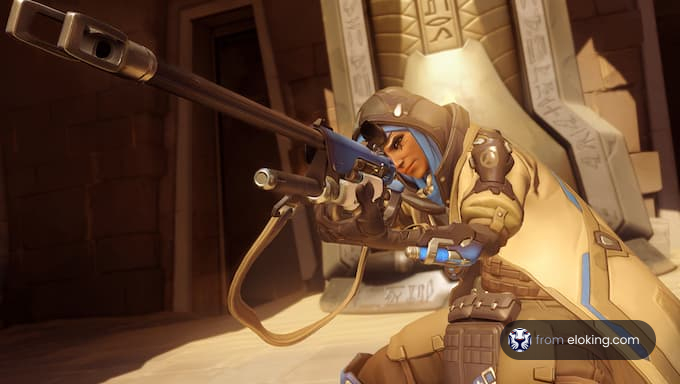 Sniper hero in Overwatch aiming with a rifle
