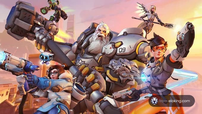 A group of Overwatch heroes in an action-packed scene.