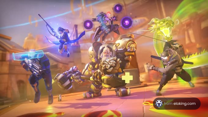 Overwatch heroes in an action scene