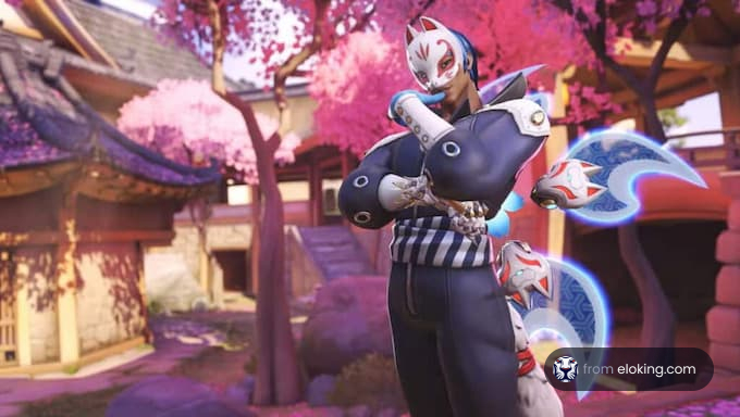 A Kitsune warrior character standing in a cherry blossom setting.