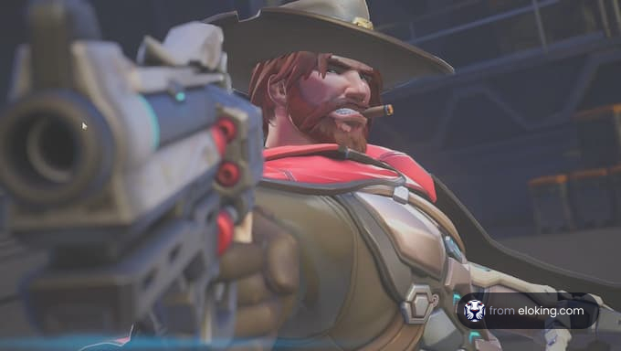 A character from Overwatch in an action pose with a revolver.