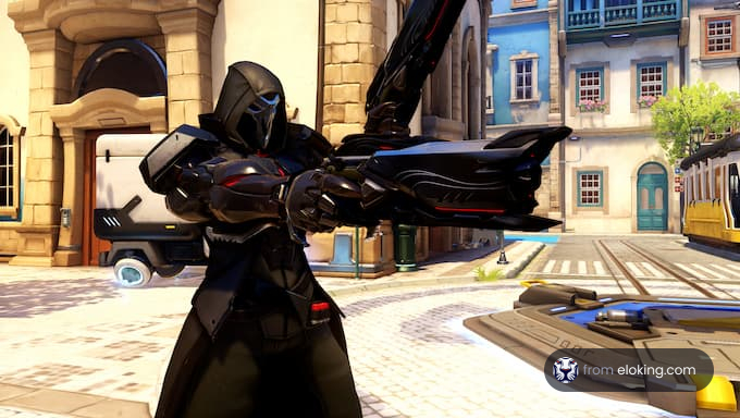 A character in a dark outfit posing with a weapon in a vibrant city environment.