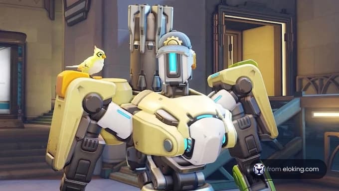 A friendly robot with a small bird on its shoulder