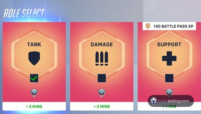 Role select screen showing options for Tank, Damage, and Support in Overwatch.