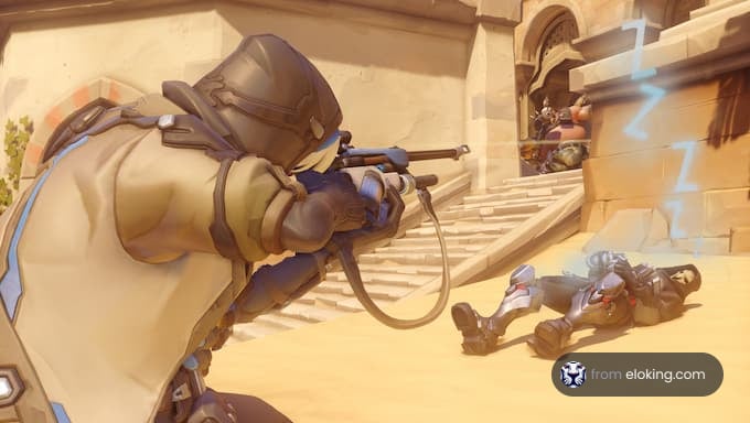 A sniper in Overwatch takes aim at a target.