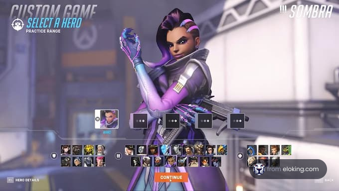 Overwatch game screen showing Sombra character selection