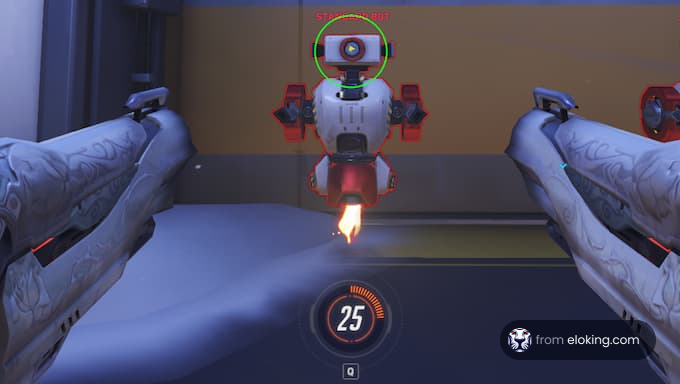Player aiming at a practice target bot in Overwatch