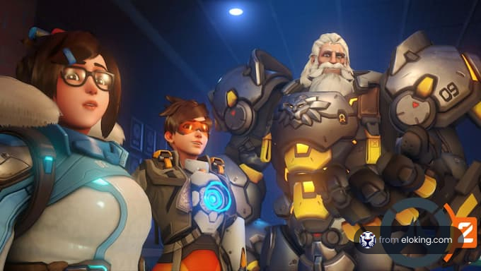 Una scena dinamica con tre personaggi del gioco Overwatch in azione