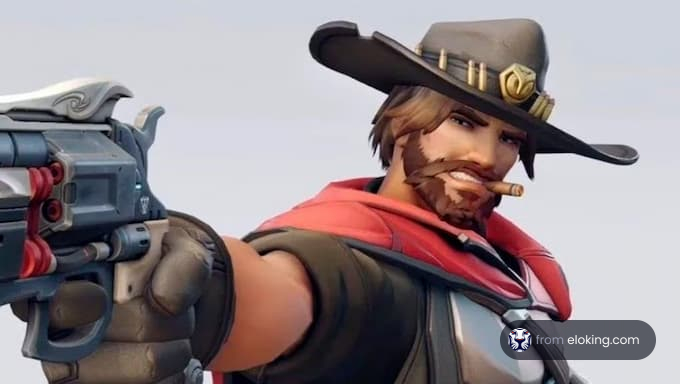 A confident cowboy character holding a gun in a stylized pose.