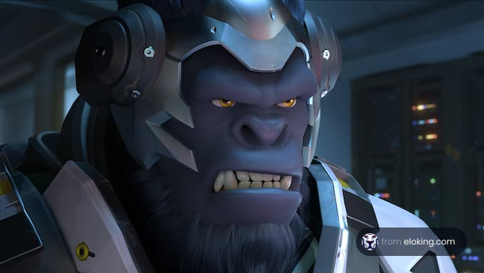 A fierce-looking futuristic gorilla character wearing a high-tech suit and headset.